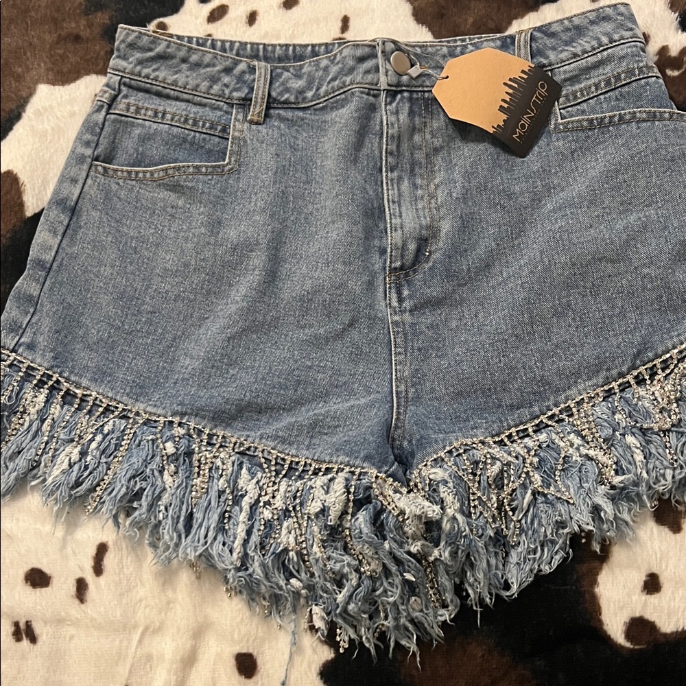 Main Strip Light Blue Fringe Denim High-Rise Shorts